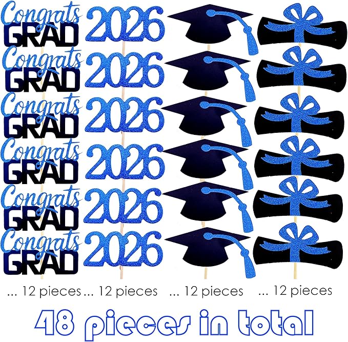 2026 Graduation Cupcake Toppers, 48 PCS Food/Appetizer Picks For Graduation Party Mini Cake Decorations, Diploma, 2026, Grad Cap Set 48 Pieces (02 Blue)