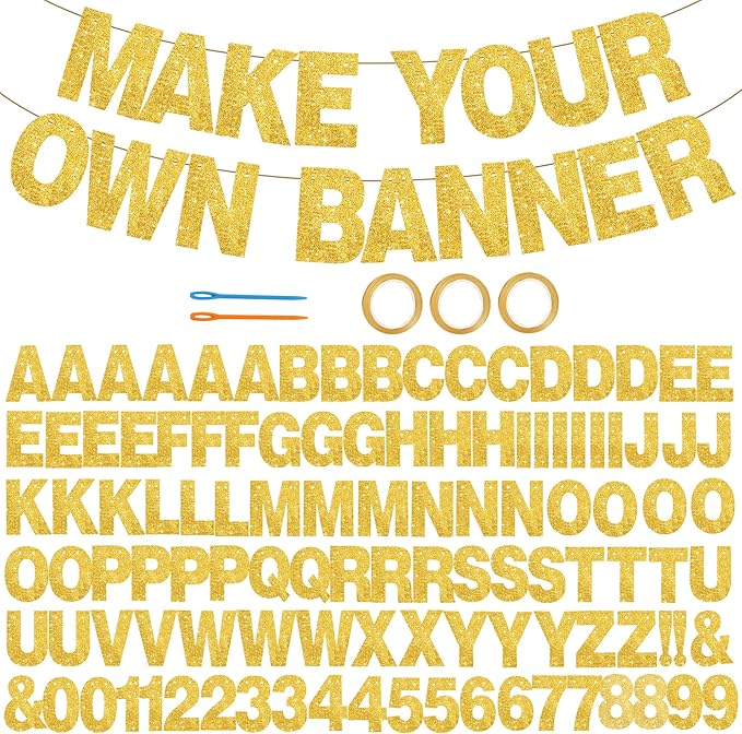 BEISHIDA 116 PCS A-Z DIY Letter Banner Kit Make Your Own Banner Glitter Gold Including 111 Letters and Numbers 3 Rope and 2 Threading Device,Customized for Birthday Graduation Wedding Party Decor