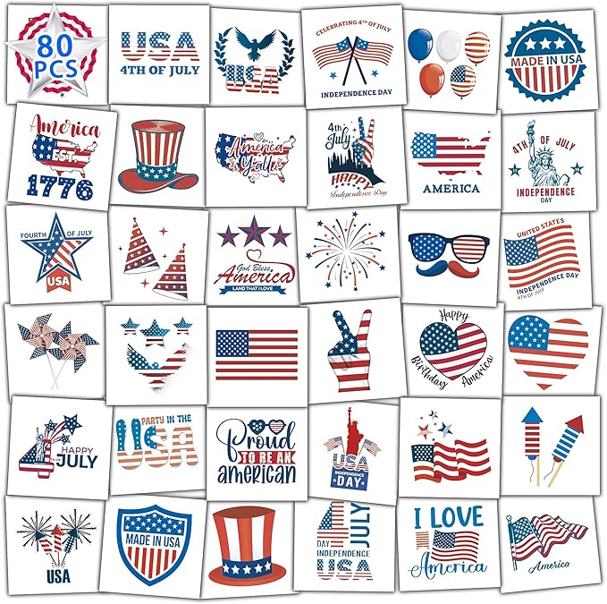 80PCS 4th of July Temporary Tattoos for Teenages & Adults, Patriotic Party Favors, USA Flag, Fireworks, Eagle, Statue of Liberty, Independence Day, Memorial Day, 4th of July Outfits for Women