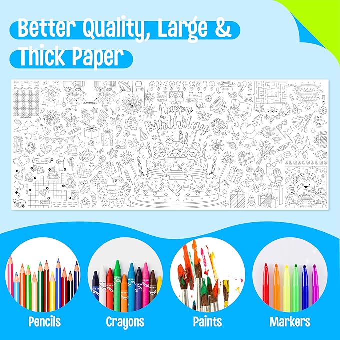Birthday Coloring Poster, Large Coloring Activity Paper 75” x 31” Jumbo Size Versatile Paper DIY Painting Drawing Banner/Tablecloth for School, Birthday Parties, Wall Decor