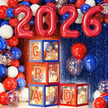 Graduation Party Decorations Class of 2026, 86PCS Red & Blue Graduation Party Supplies High School College Grad Balloon Boxes with Letters, Foil Curtains, LED String Light, Balloon Garland Kit