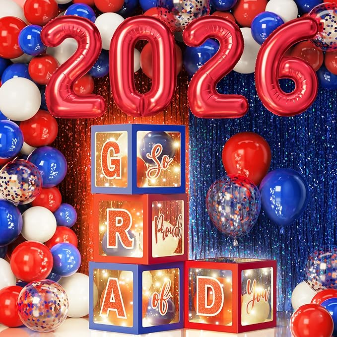 Graduation Party Decorations Class of 2026, 86PCS Red & Blue Graduation Party Supplies High School College Grad Balloon Boxes with Letters, Foil Curtains, LED String Light, Balloon Garland Kit
