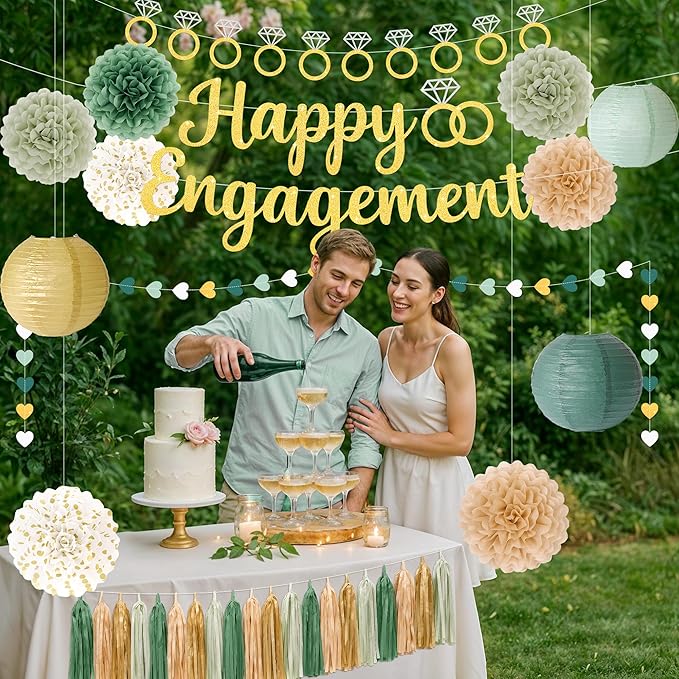 Engagement Party Decorations Sage Green Engaged Decorations with Gold Happy Engagement Banner, Includes Paper Pom Poms Paper Lanterns, Tassels for Couple Bridal Shower Decor