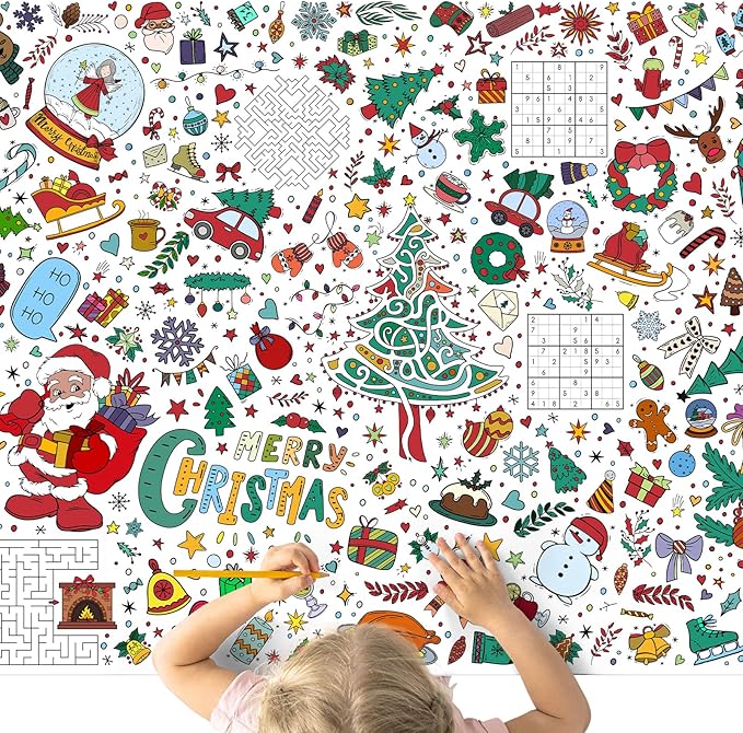 GWHOLE Christmas Coloring Tablecloth, Christmas Crafts for Kids 40 x 28 Inch Coloring Poster Table Cloth for Kids Eve Party Suplies