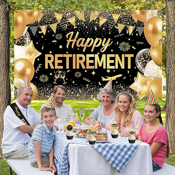 DARUNAXY Black Gold Retirement Party Decorations, Happy Retirement Banner, Officially Retired Hanging Swirl The Legend Has Retired Sash Tissue Paper Pom Poms Party Supplies(31PC)