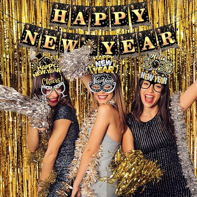 Happy New Year Party Supplies 2026, 49pcs New Years Party Favors Set Includes New Years Paper Hats, Headband, Eyeglasses, Blowouts, Banner for New Year's Eve Party