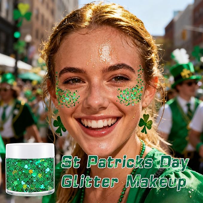 Green Face Hair Glitter,St Patricks Day Holographic Shamrock Green Body Glitter,Rave Music Festival Accessories,St Patrick's Day Outfit for Women,Halloween Cosplay Shimmer Makeup