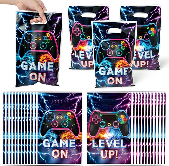 Video Game Party Favor Bags - 50Pcs Video Gaming Sweet Goody Candy Treat Gifts Bags, Game on Themed Party Decorations for Kids Gamers Players Birthday Gaming Events Supplies