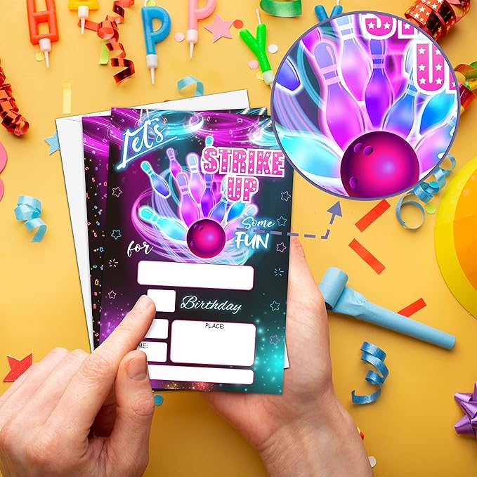 Let's Strike Up Birthday Party Invitation, Bowling Fill-In Invites For Men & Women, 20 Invitations With Envelopes(4" X 6")，Adults Party Favors Decorations And Supplies-13