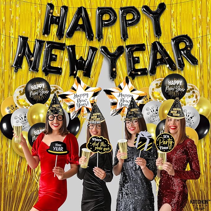 KatchOn, New Years Eve Party Supplies 2026 - Huge, Set of 110 | Black Happy New Year Balloon Banner | New Years Photo Booth Props, Gold Fringe Curtain Backdrop | NYE Decorations 2026