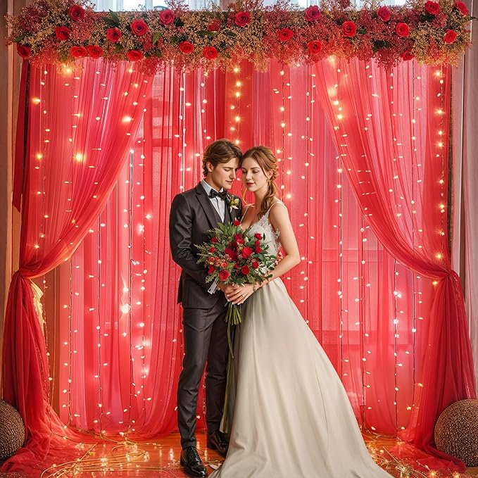 30x10ft Red Tulle Backdrop Curtain with Lights String for Parites, Sheer Backdrop Curtains for Wedding Baby Shower Birthday Party Photo Shoot Decorations