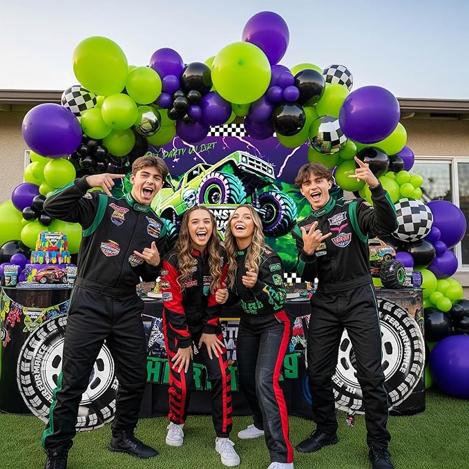 Monster Truck Theme Birthday Decorations include Purple Green Black Balloons Ribbon Arch Cake Paper Card Toppers Tablecloth Backdrop Truck Birthday Decor for Boys Racing Party Decoration Supplies