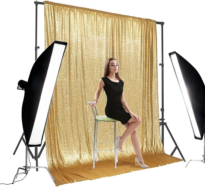 PartyDelight Gold Sequin Backdrop 10x10ft - High Density 3mm Shimmer Sequin Background with 4-Inch Rod Pocket, Sparkly Photography Curtain for Wedding, Gala, Stage & Large Event Decor