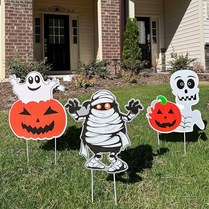 3PCS Yard Signs for Halloween Props Yard Stakes Pumpkin Ghost Monster Yard Sign Stakes for Halloween Decorations Outdoor Lawn Decor Yard Decorations
