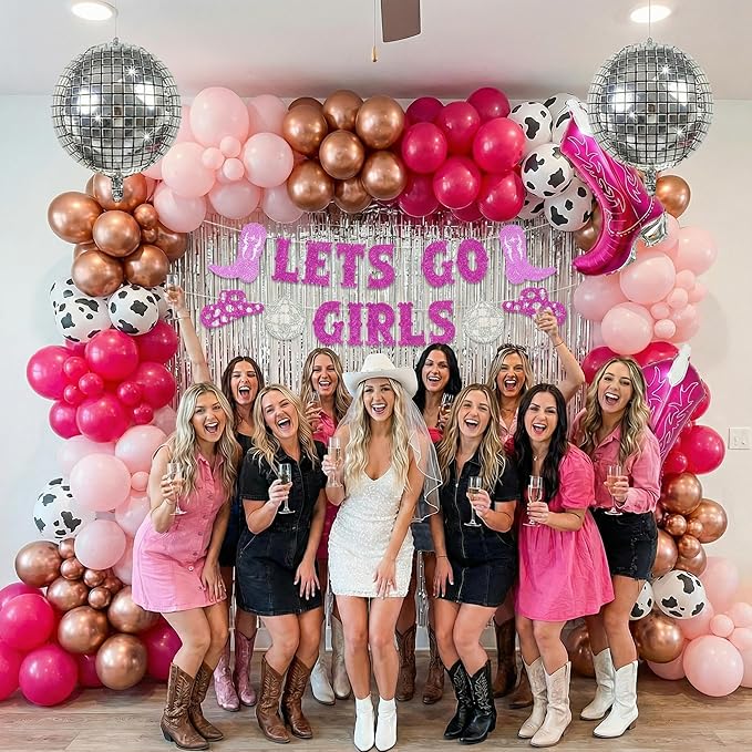 Pink & Rose Gold Cow Print Balloon Arch, Disco Boot Foil Balloons, 111Pcs Cowgirl Bachelorette Party Decorations Kit - 'Lets Go Girls' Banner - Perfect for Last Rodeo, Western, & Bachelorette Parties