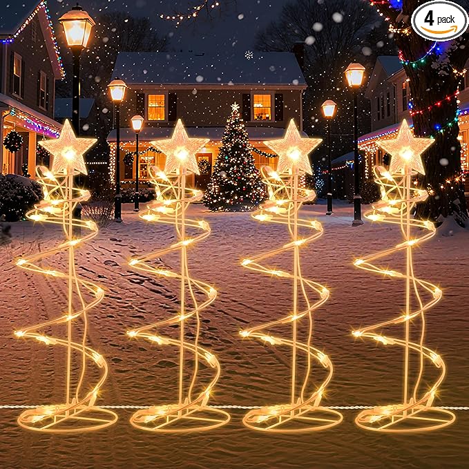 Spiral Christmas Tree Pathway Lights 4 Pack - Warm White Spiral Lighted Christmas Lights Waterproof - Plug in Collapsible Pathway Light for Outdoor Indoor Christmas Yard Decorations