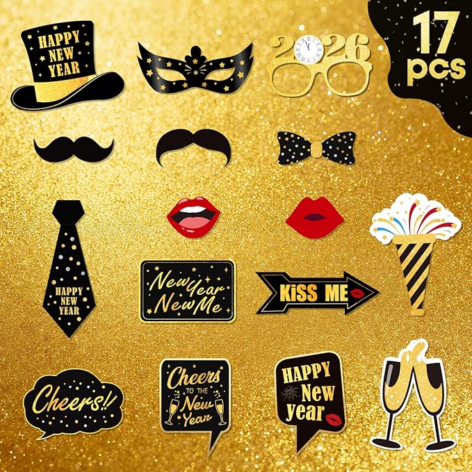 New Years Eve Party Supplies 2026, NYE Decorations Photo Booth Props Kit with Glitter Frame, Black Gold Funny Glasses & Mustache for Selfie (Pack of 17)