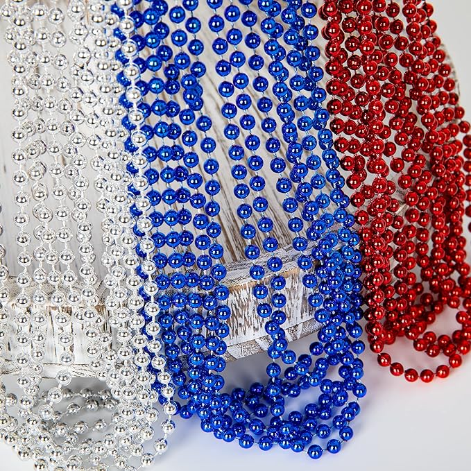 4th of July Necklace Party Favors, 50PCS 4th of July Round Beads Necklace Bulk, Red Blue Silver Necklace, Independence Day Beads Bulk for Patriotic Parade Party Celebration Favor Decor