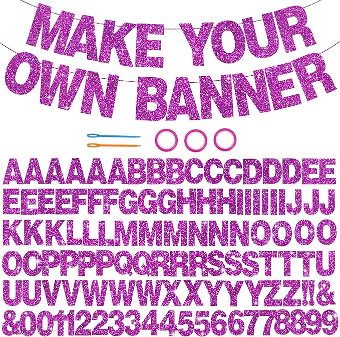 BEISHIDA 116 PCS A-Z DIY Letter Banner Kit Make Your Own Banner Glitter Purple Including 111 Letters and Numbers 3 Rope and 2 Threading Device,Customized for Birthday Graduation Wedding Party Decor
