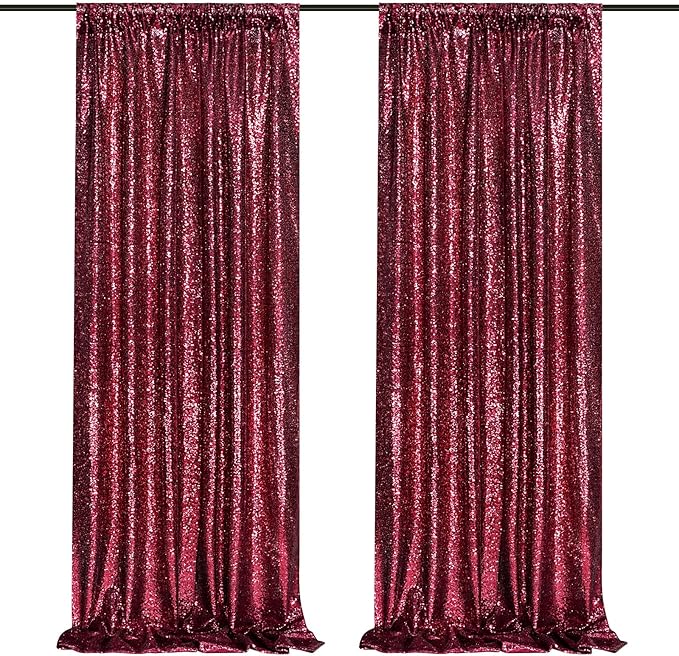 QueenDream 4x8FT Burgundy Red Backdrop Curtains Drape for Wedding Parties - Sequin Backdrop Panels Fabric for Birthday Graduation Home Decor（2 Panels 2ftx8ft