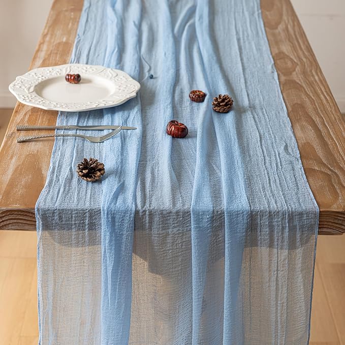 Keketoarrange 6pcs Light Blue Gauze Rustic Cheesecloth Table Runner 120 Inch 10 FT for Wedding Baby Shower Bridal Shower Birthday Engagement Garden Outdoor Party Long Sheer Boho Decorations
