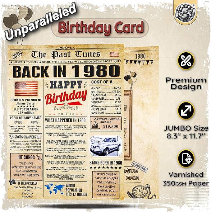 46th Birthday Card for Women Men - Back In 1980 Newspaper - 46 th Happy BIRTHDAY card - 46 birthday gift for Her Him - JUMBO size - 46th birthday decorations Dad Mom - Best gifts for 46 year old