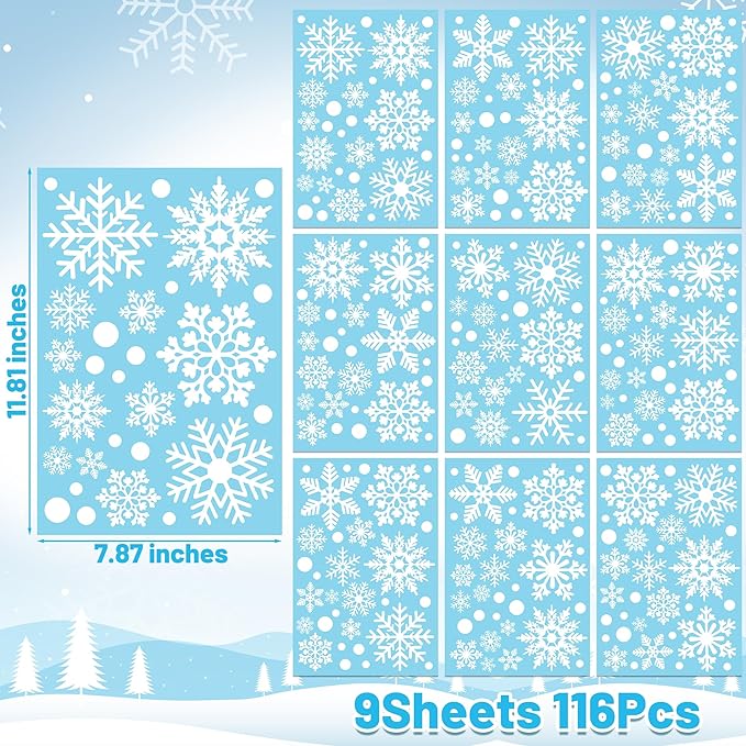 116PCS Christmas Decorations, 9 Sheets Christmas Window Clings, Snowflake Window Clings Decals, Double Sided Xmas Snowflake Decal Stickers for Winter Holiday Home Indoor Decorations Decor Supplies