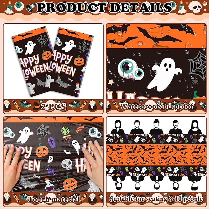 OHOME Halloween Decorations - 2 Pack Plastic Tablecloth for Halloween Party Decorations | Skeletons Bats Ghosts Pumpkin Table Decor for Outdoor Indoor Party Favors Supplies Backdrop Banner