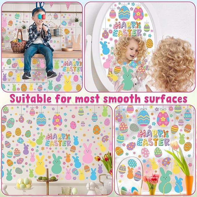 9 Sheets Easter Window Clings, 152PCS Double Sided Easter Party Clings for Glass Windows with Bunny Egg Flower, Reusable Happy Eggs Bunny Window Decals Stickers for Home Office Decorations