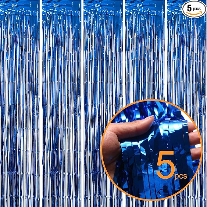 5 Pack Blue Foil Curtain Backdrop Metallic Tinsel Foil Fringe Curtains Photo Booth Props for Birthday Wedding Engagement Bachelorette Christmas Holiday Celebration Party Decorations Supplies