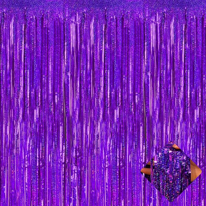 4 Pack 3.2Ft x 8.2Ft Purple Foil Fringe Curtain Backdrop, Metallic Tinsel Foil Fringe Streamers Curtains Background for Photo Booth, Birthday, Wedding, Disco, Bachelorette, Christmas Party Decoration