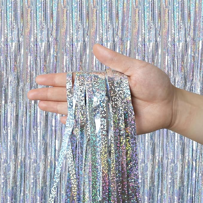QRabbit 4 Pack Foil Curtain Backdrop, Silver Metallic Tinsel Foil Fringe Curtains, Party Streamers for Birthday Graduation Engagement Wedding Baby Shower Christmas Party Decorations