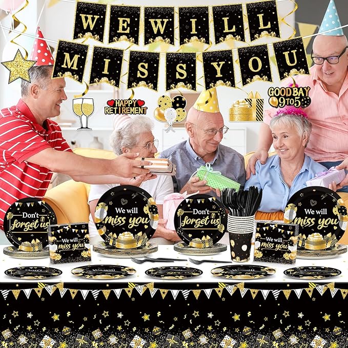 184pcs We Will Miss You Party Supplies Going Away Party Disposable Paper Plates Napkins Cups Tablecloth Swirl Banner Farewell Dessert Cake Dinner Tableware Leaving Retirement Party Decoration Serve 25