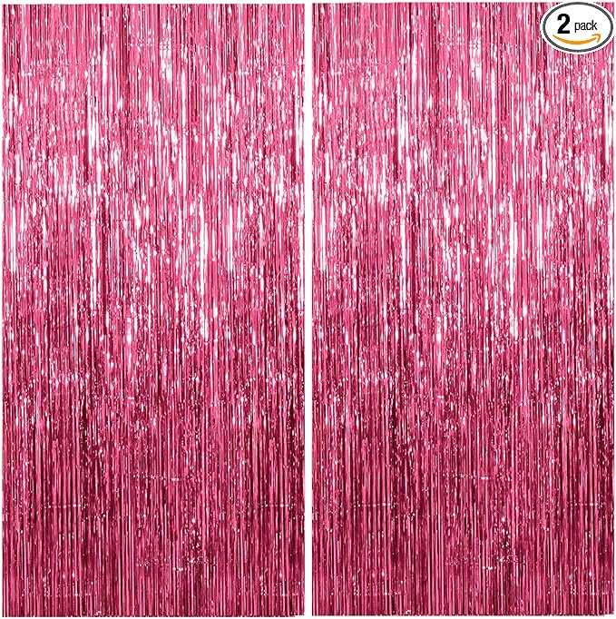 2 Pack Foil Curtain Backdrop Pink Metallic Tinsel Foil Fringe Curtains Photo Booth Props for Birthday Valentines Day Wedding Engagement Baby Shower Bachelorette Christmas Holiday Party Decorations