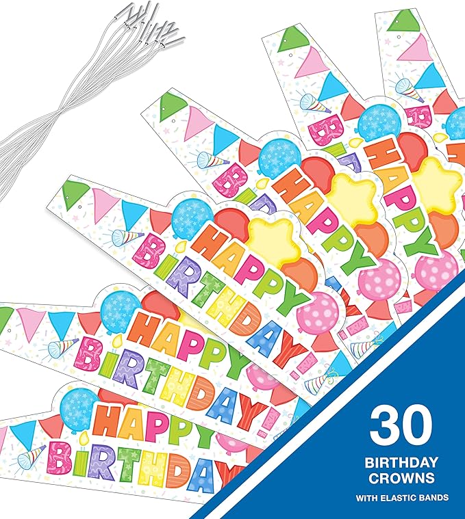 Carson Dellosa 30-Piece Birthday Crown Set, Colorful Party Hats for School and Kids Parties, Gift Bags, Elementary and Kindergarten Classroom Must Haves