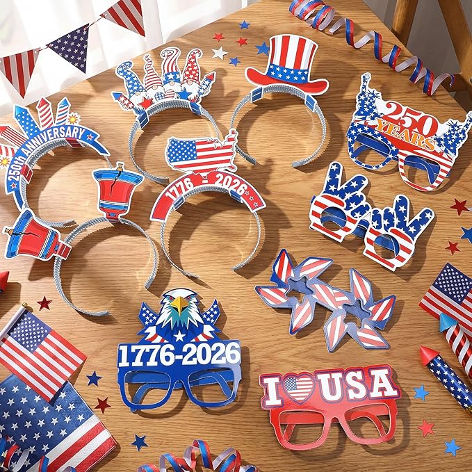 Pajean 32 Pcs 250th Anniversary USA Party Supplies Include 16 Paper Eyeglasses 16 Headbands 4th of July Patriotic Photo Booth Props for Independence Day Memorial Day Patriotic Party Favors Decors