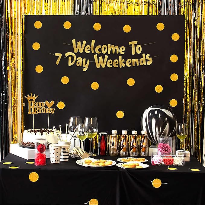 Pre-Strung Welcome To 7 Day Weekends Gold Glitter Banner - Retirement Decorations for Men and Women - Retirement Party Supplies and Gifts