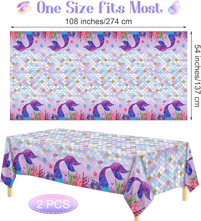 Kochorie 2 Pieces Mermaid Party Tablecloth Plastic Mermaid Party Supplies Disposable Rectangle Tablecloths for Under The Sea Ocean Themed Birthday Parties Decorations Supplies