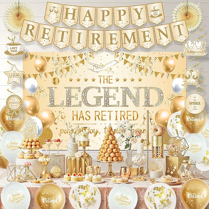 Roetyce Retirement Party Decorations Women, Champagne Gold Happy Retirement Banner Backdrop Balloons Hanging Swirls for Coworker, Gold Lengend Has Retired Sash & Crown, Office Retired Background