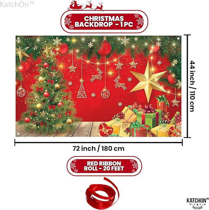 KatchOn, XtraLarge Christmas Banner - 72x44 Inch, Red, Cloth Fabric, Includes Red Ribbon Roll - 20 Feet, Perfect for Christmas Decorations & Photography