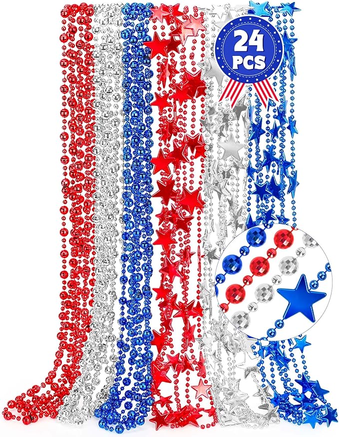 4th of July Accessories, 24PCS Fourth of July Patriotic Beads Necklaces Bulk, Independence Day Red Blue White Stars Round Beads, Patriotic Necklace for Parade Party Favors Decorations