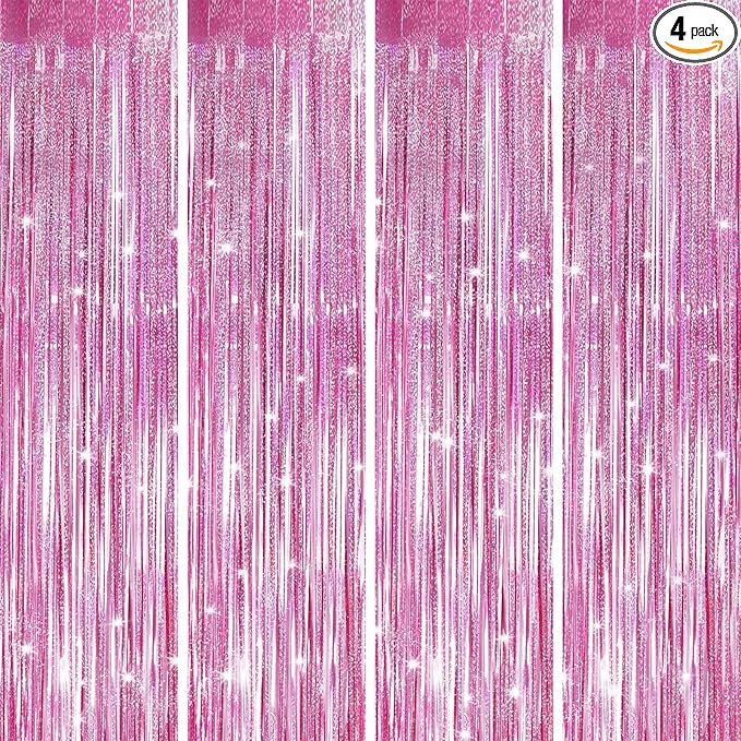 Pink Backdrops Curtains Party Decorations, Tinsel Streamers Birthday Decoration for Women Sweet 16, Photo Booth Props for Princess, Wedding, 4Pack 3.28X6.56Ft