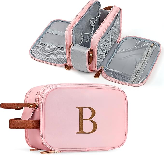 YOOLIFE Travel Toiletry Bag - Birthday Gifts for Women Pink Makeup Bag Dopp Kit Travel Essentials for Women, Mom Sister Friend Birthday Gifts for Teens Cosmetic Bags Letter B Pink