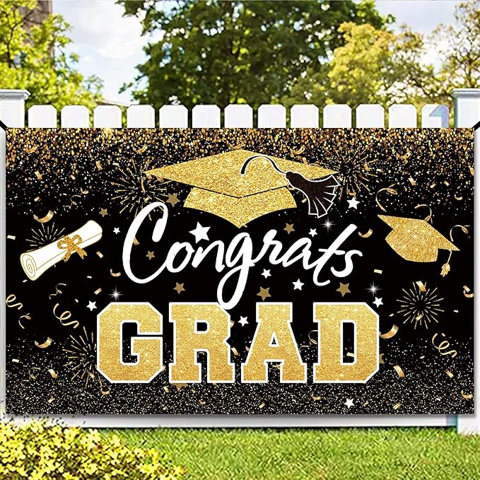 Graduation Party Decorations - Black Gold Congrats Grad Class of 2026 Backdrop Banner Large Sign Wall Decorations Photography Background Party Supplies for 2026 Graduation Party Decorations