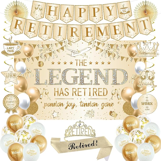 Roetyce Retirement Party Decorations Women, Champagne Gold Happy Retirement Banner Backdrop Balloons Hanging Swirls for Coworker, Gold Lengend Has Retired Sash & Crown, Office Retired Background