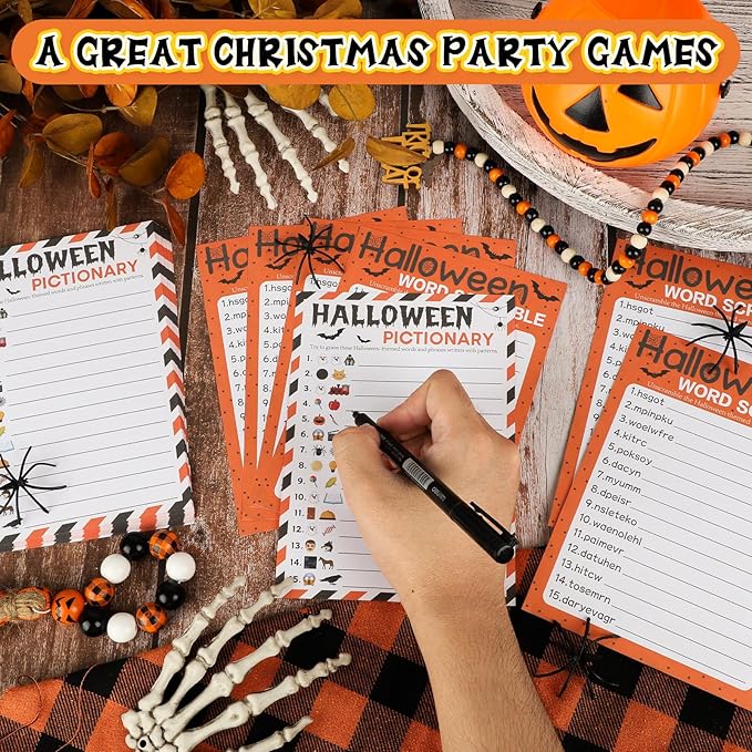 COCHIE 30 Players Halloween Party Games for Adults Family Office Large Groups, Words Pictionary Game, Guesstures Game, Word Scramble Games with Answer Key (Halloween Orange)