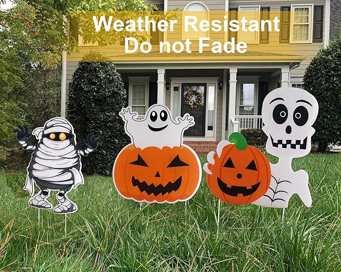 3PCS Yard Signs for Halloween Props Yard Stakes Pumpkin Ghost Monster Yard Sign Stakes for Halloween Decorations Outdoor Lawn Decor Yard Decorations