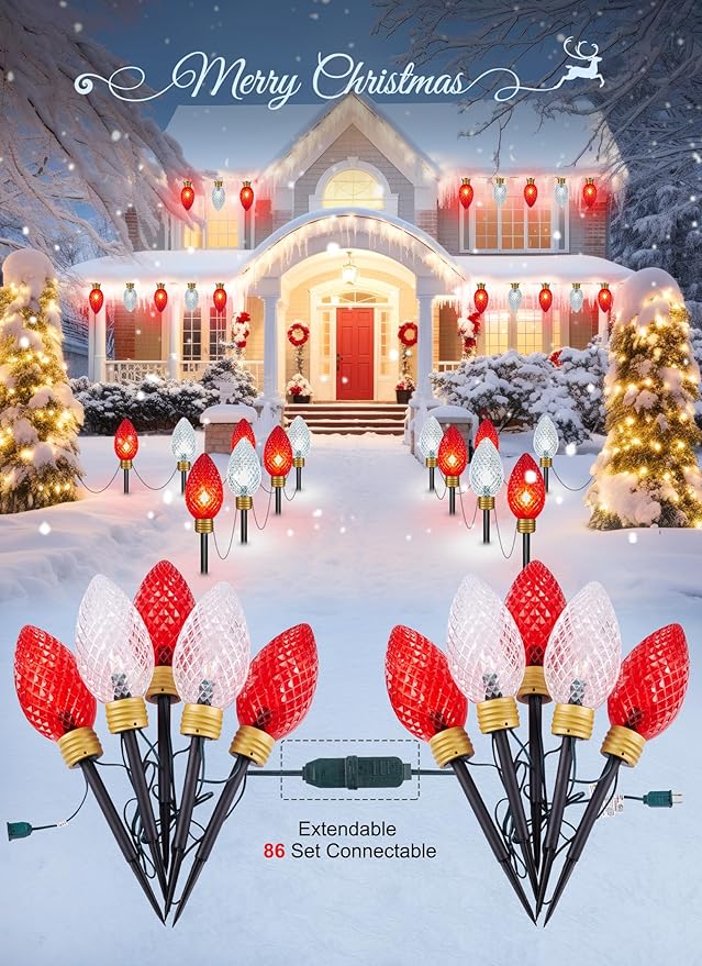Brightown Super Jumbo C9 Christmas Pathway Lights Outdoor - 2 Pack Total 22FT 10 LED Strawberry Jumbo C9 Pathway Light, Giant Christmas Lights Outdoor Decorations for Lawn Outside, Red & Pure White