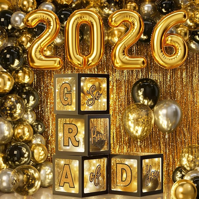 Graduation Party Decoration Class of 2026, 86PCS Black & Gold Graduation Party Supplies High School College Grad Balloon Boxes with Letter, Foil Curtains, LED String Light, Balloon Garland Kit