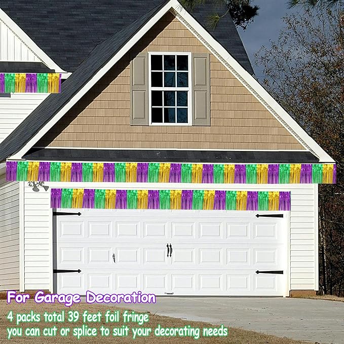 4 Packs Total 39 Ft Mardi Gras Parade Floats for Trailer Car, Green Gold Purple Foil Fringe Garland Tinsel Streamers Banner Table Skirts for Halloween Graduation Homecoming Birthday Party Decor